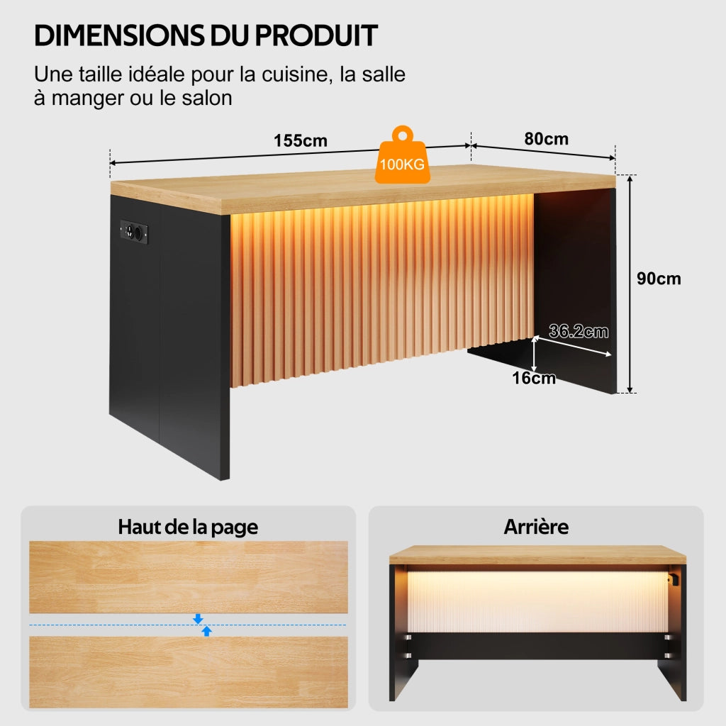 Isola da cucina 155x80x90 cm in MDF effetto legno, design industriale con LED, prese EU e USB, piano 40 mm