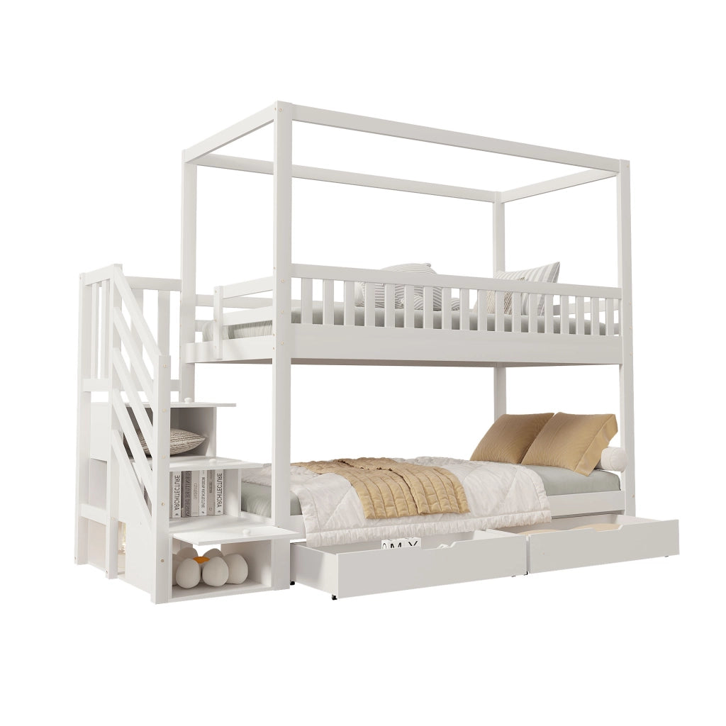 OKWISH Letto a castello 90×200 cm, Letto 2 Posti con Spondine di Sicurezza, Scala con Cassetti e 2 Cassetti, senza Materasso, Bianco