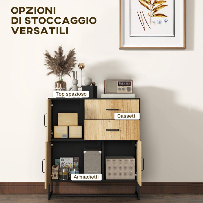 Credenza Mobile Basso Multiuso con 3 Armadietti e 2 Cassetti 80x35x88 cm Nero e color Legno