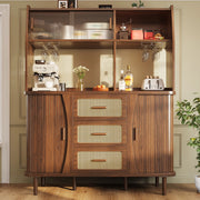 Credenza con Ante in Vetro Scorrevoli e Rattan ¨C MINIMAL ¨C Legno Naturale/Noce, 174,5 cm
