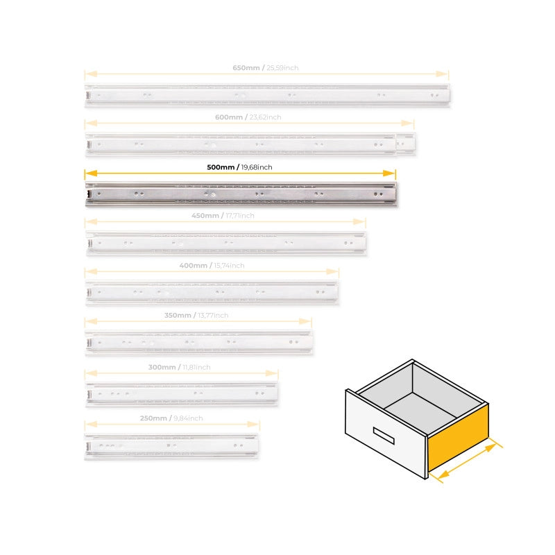 Set di guide a sfera per cassetti a estrazione totale, altezza 45 mm, lunghezza 600 mm, Acciaio, Zincato bianco
