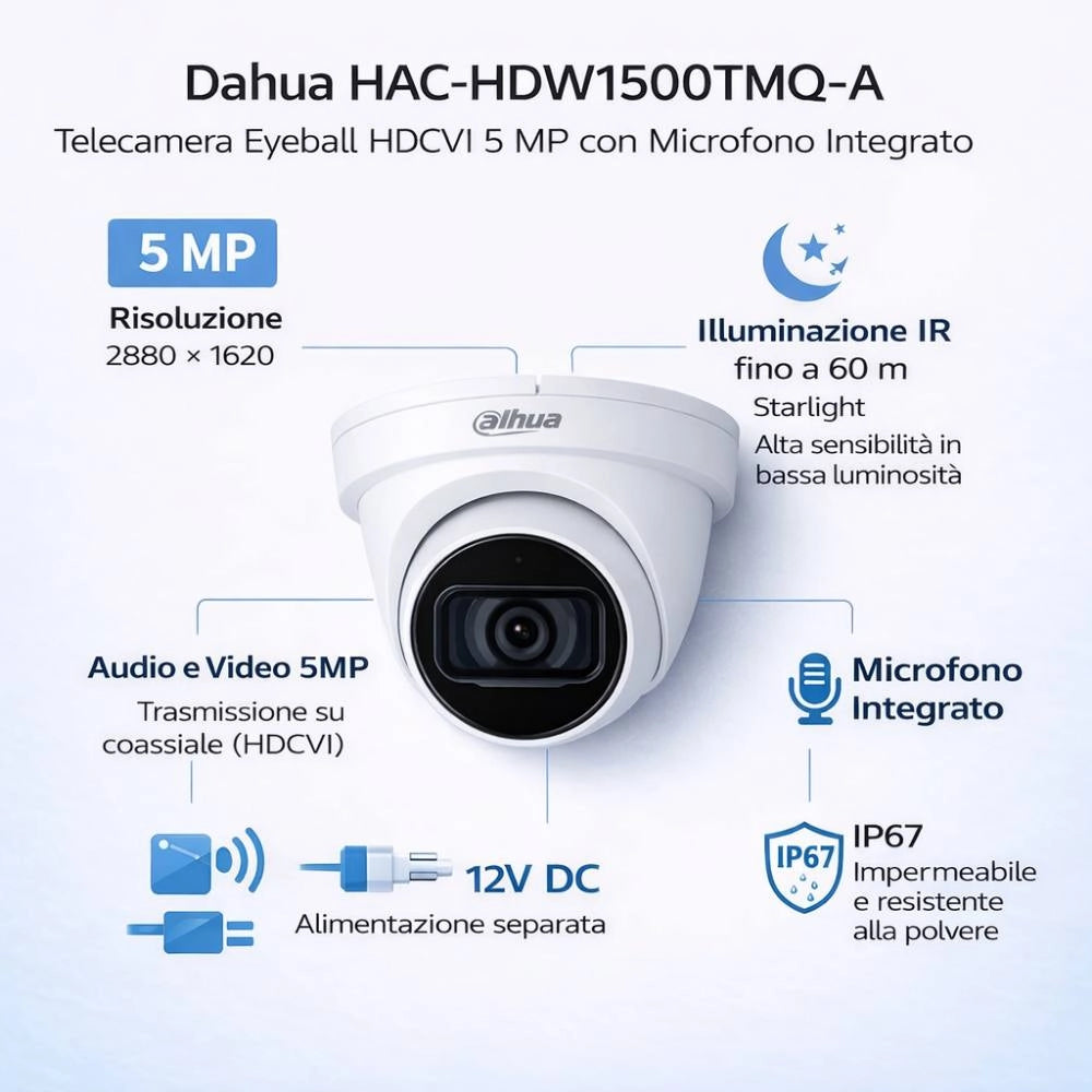 Dahua hac-hdw1500tmq-a telecamera eyeball hdcvi 5 mp ir con microfono