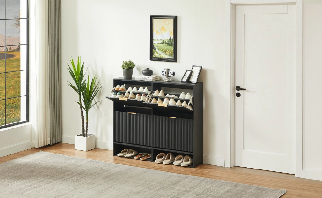 Scarpiera stretta 120x24x102 cm in MDF e metallo nero， per ingresso