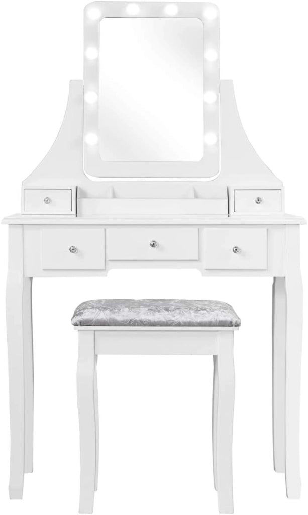 Mobile Trucco in Legno, 2 in 1 Set di Tavolo Cosmetici con Sgabello Imbottito, Specchio Rimovibile Girevole 360°, 10 LED Dimmerabili e 5 Cassetti, Moderno e Durevole, 80x40x135,5cm (Bianco)