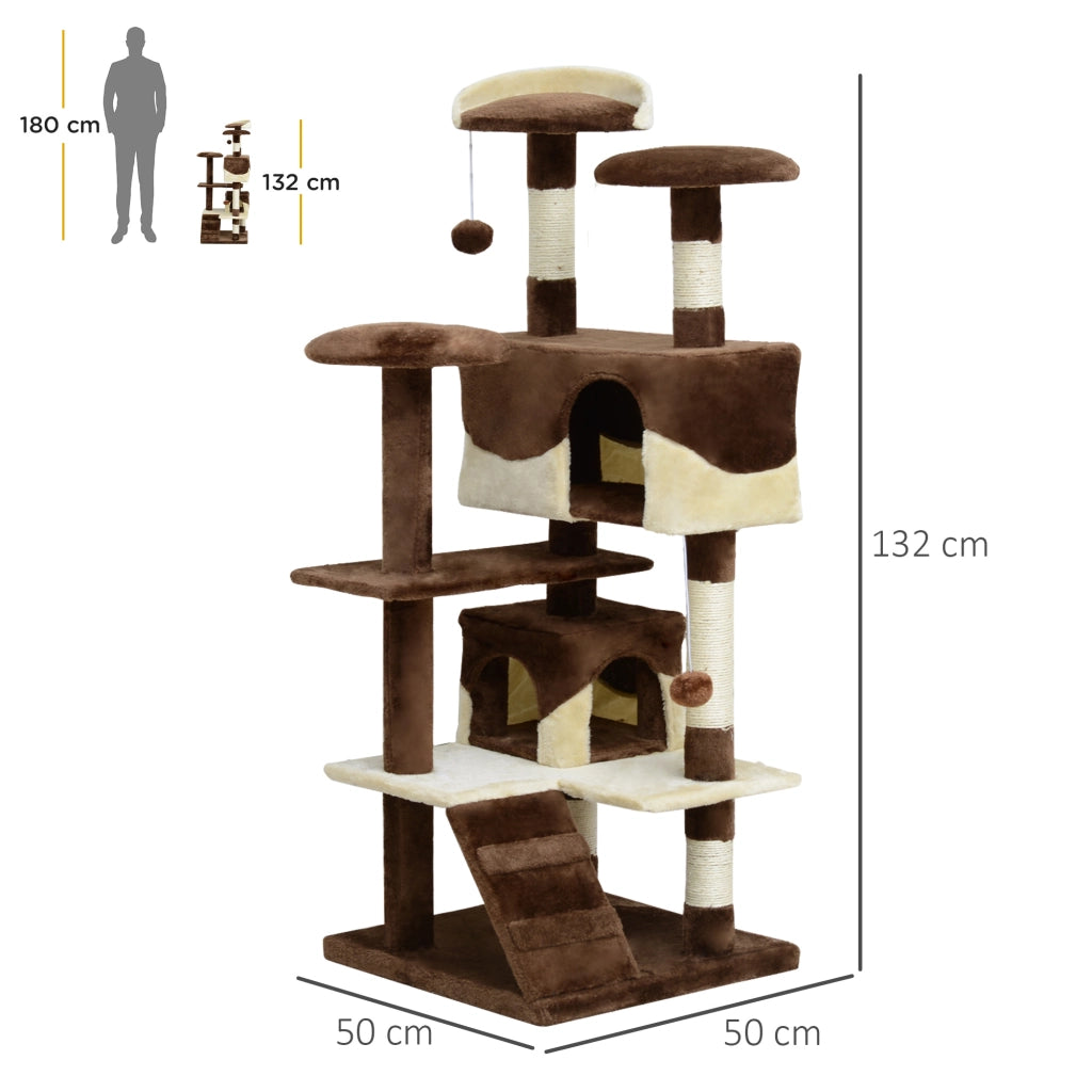 EasyComfort Albero Tiragraffi per Gatti in Peluche e Sisal con Cucce e Pallina 50×50×134.5cm Caffè e Crema