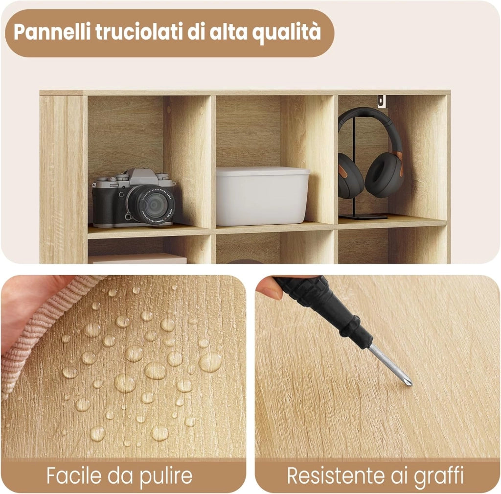 Libreria con 9 Scomparti, Libreria a Giorno, Scaffale a Cubo, Scaffale Divisorio in Piedi, per Ufficio, Soggiorno, Camera da Letto, 94x29,5x93 cm, Rovere Chiaro, SK048hei