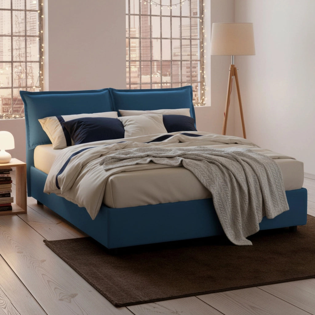 Letto matrimoniale Anjin, Letto contenitore con rivestimento in tessuto, Made in Italy, Apertura frontale, adatto per materasso cm 160x190, Blu