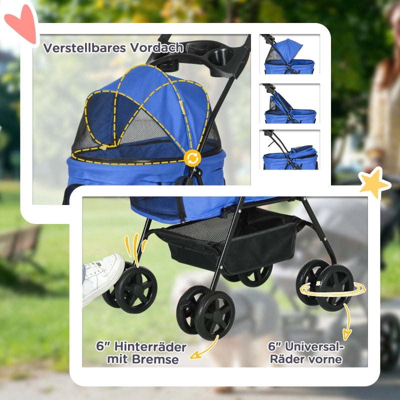 Carrello pieghevole per cani e gatti con quattro ruote doppie e freni in tessuto oxford blu 67 × 45 × 96 cm