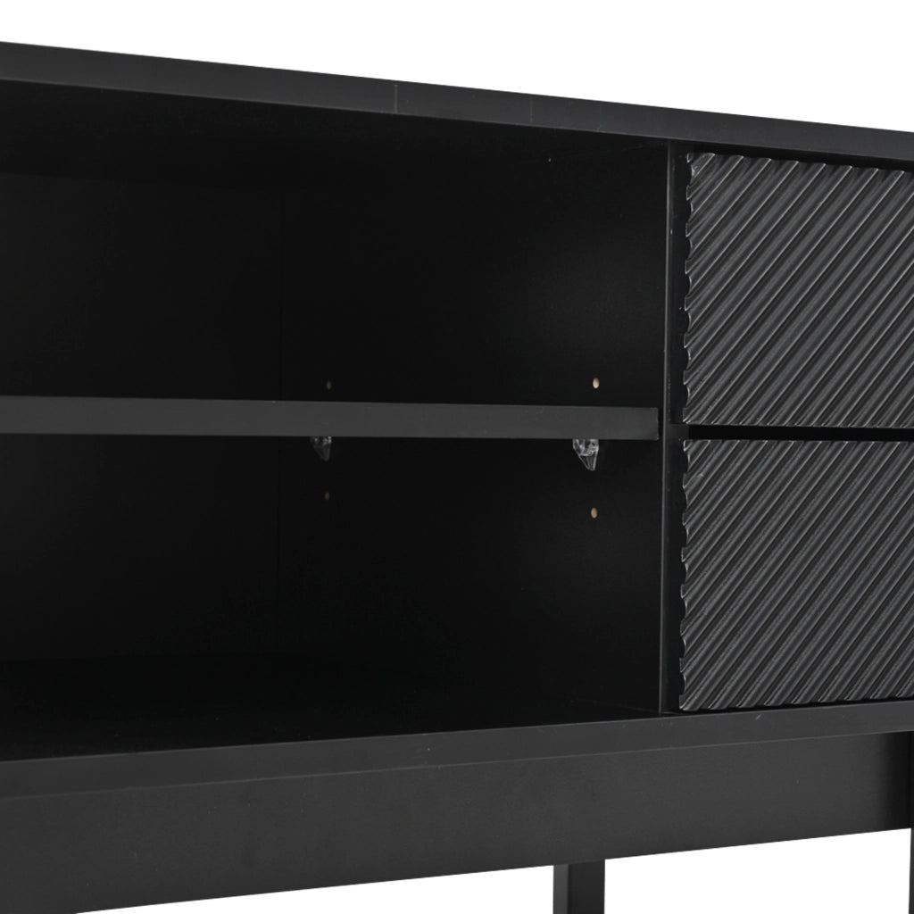 Mobile porta TV moderno con 2 ante, 2 cassetti e 2 vani aperti in vetro temperato nero 200 × 40 × 50,5 cm