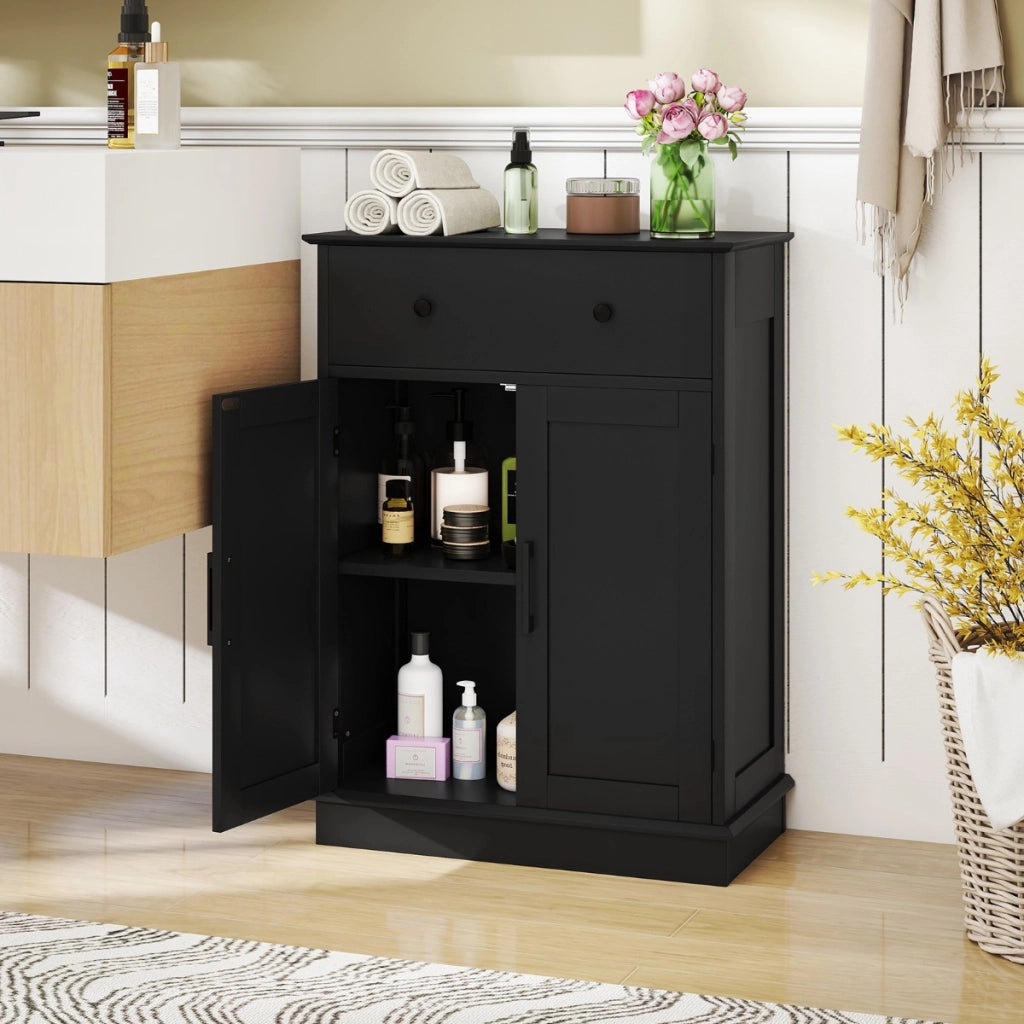 Buffet moderno con cassetto e ripiano regolabile da caff¨¨ per cucina-Armadio da pavimento per bagno con ante Nero