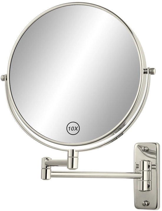 Specchio da trucco 8 pollici con montaggio a muro, specchio a due velocità con ingrandimento 1X/10X, doppio lato, braccio estensibile, rotazione 360°, maniglia a nastro per rasatura e trucco in bagno
