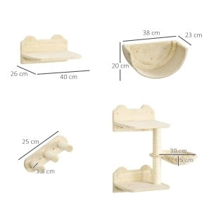 Parete tiragraffi per gatti beige a 4 elementi con piattaforme e amaca
