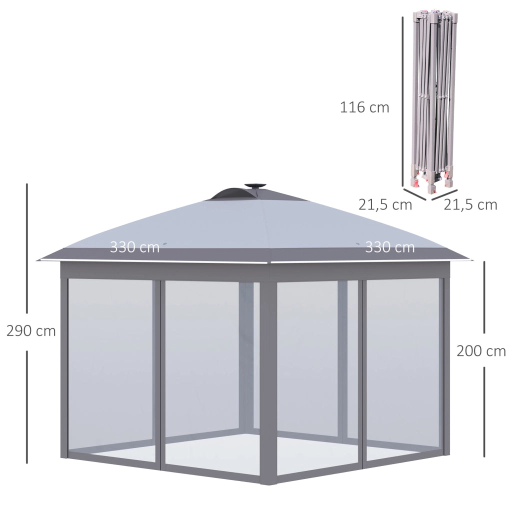 Gazebo 3;3 x 3;3 m con illuminazione LED; tende a rete; borsa da trasporto; grigio