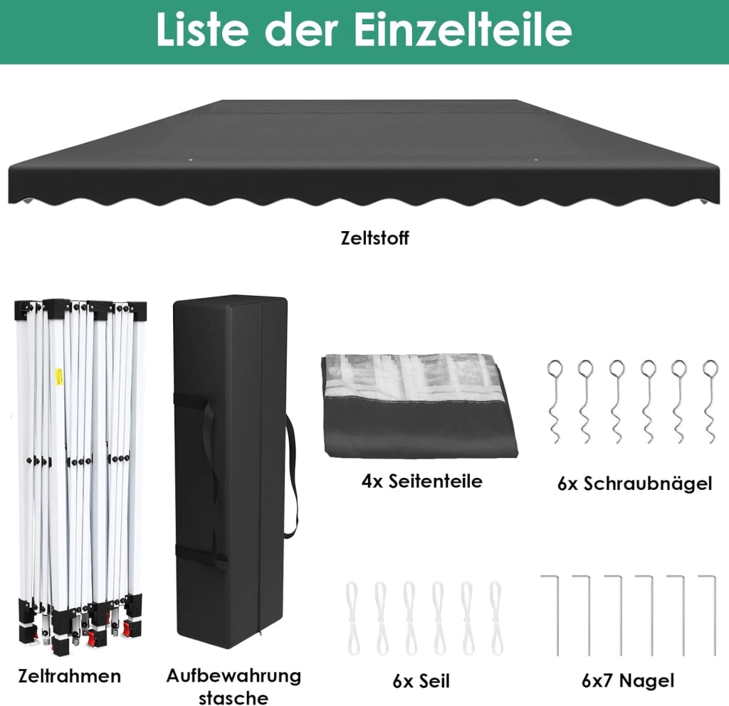 Gazebo 3x6, Gazebo Pieghevole 3x6 Stabile Impermeabile, Padiglione Pop up,Tente de Reception, Tonnelle de Jardin con 4 Pannelli Laterali, per Festival/Campeggio/Mercato, Nero