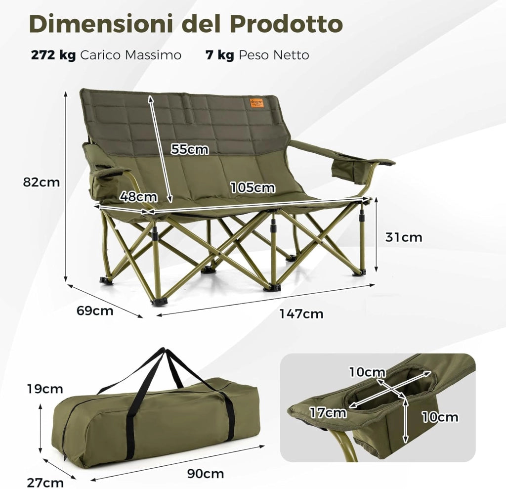 Sedia da Campeggio per 2/3 Persone, Divano per Picnic Pieghevole con Braccioli Regolabili e Portabicchieri, Sedia da Esterno Portatile con Borsa da Trasporto (147 x 69 x 82 cm,Verde)