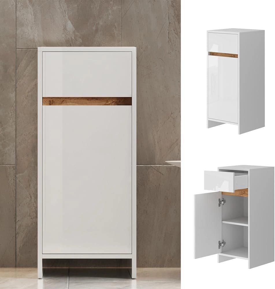 Mobiletto midi Detmold, Bianco lucido/oro power oak, 35 x 82 cm con anta e cassetto, adatto per montaggio a parete e combinabile con la serie Detmold