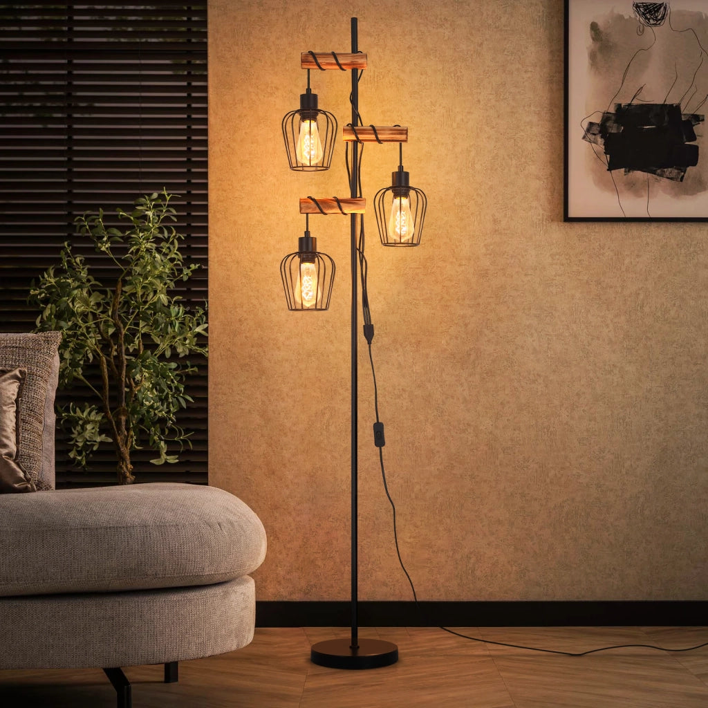 ZMH Lampada da Terra Vintage Legno Soggiorno Industriale 3xE27 Retro Lampada da Lettura Rustica Senza Lampadine
