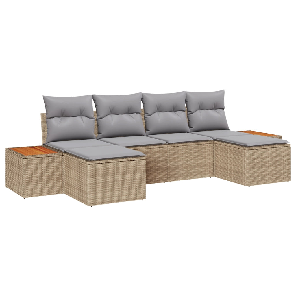 Set Divano da Giardino 6 Pezzi con Cuscini Beige in Rattan Sintetico