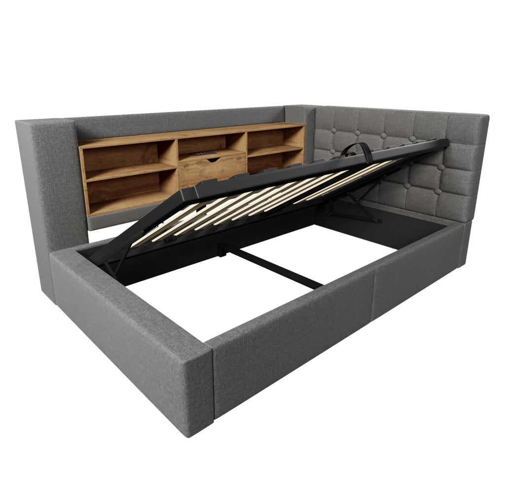 Letto singolo imbottito 90x200 cm con LED; vano contenitore idraulico; USB; lino grigio