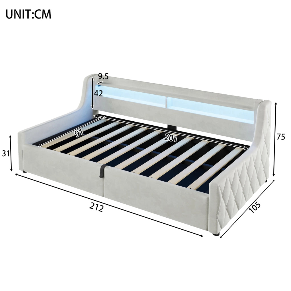 Letto singolo imbottito 90x200 cm in flanella; con LED e contenitore; bianco crema