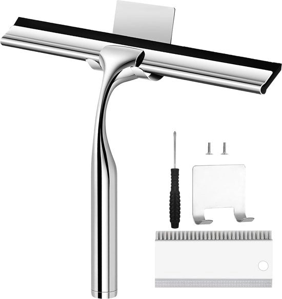 Strumento per pulire vetri in acciaio inossidabile da parete 25 cm con accessorio da parete e kit di pulizia per rotture per uso in bagno, cucina, finestre e auto.