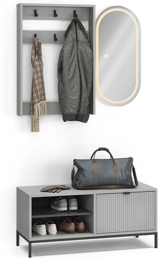 Armadio da ingresso Eliza, Grigio, 100 x 45 cm Set, 3 parti, adatto per montaggio a parete e appendiabiti