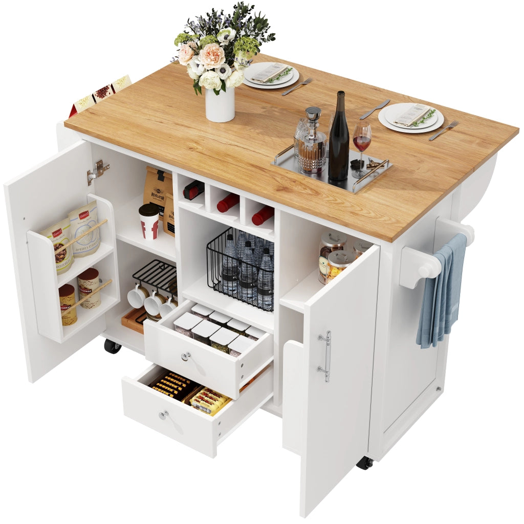 Carrello da Cucina con 2 Cassetti; 2 Ante; Piano Pieghevole; Portasciugamani; Portabottiglie; Bianco