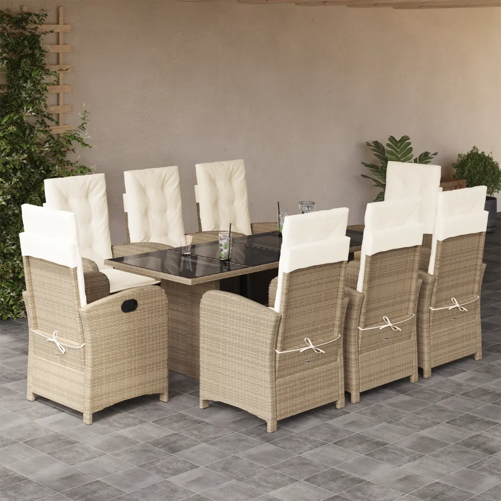 Set da Pranzo da Giardino 9 pz con Cuscini Beige in Polyrattancod mxl 113246