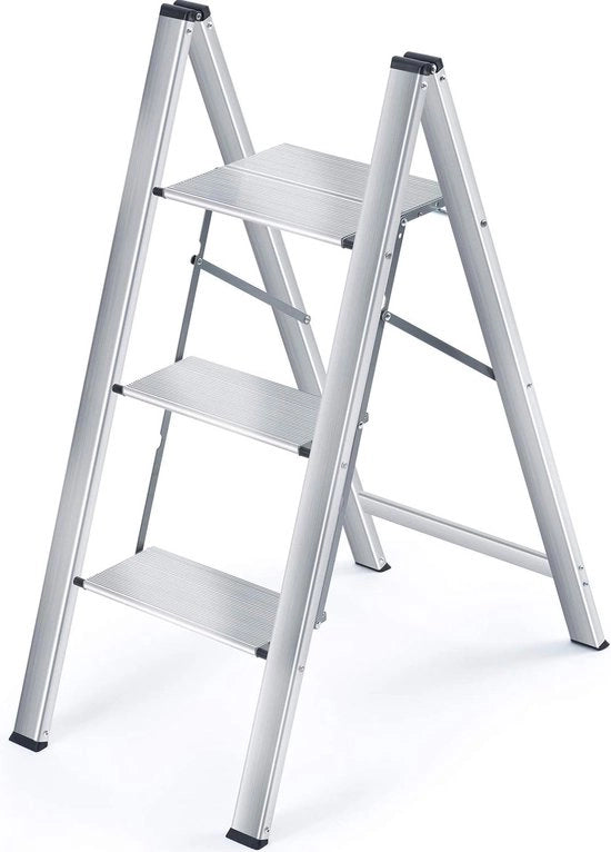 Scala portatile, scala ripiegabile, piattaforma di accesso in alluminio, scalino antiscivolo, compatta e leggera, sostenibile fino a 150 kg, 3 gradini, alluminio