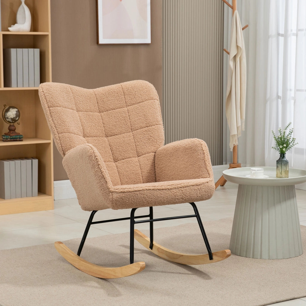 Poltrona a dondolo con schienale trapuntato e seduta imbottita in poliestere marrone per salotto 98 × 71 × 101 cm