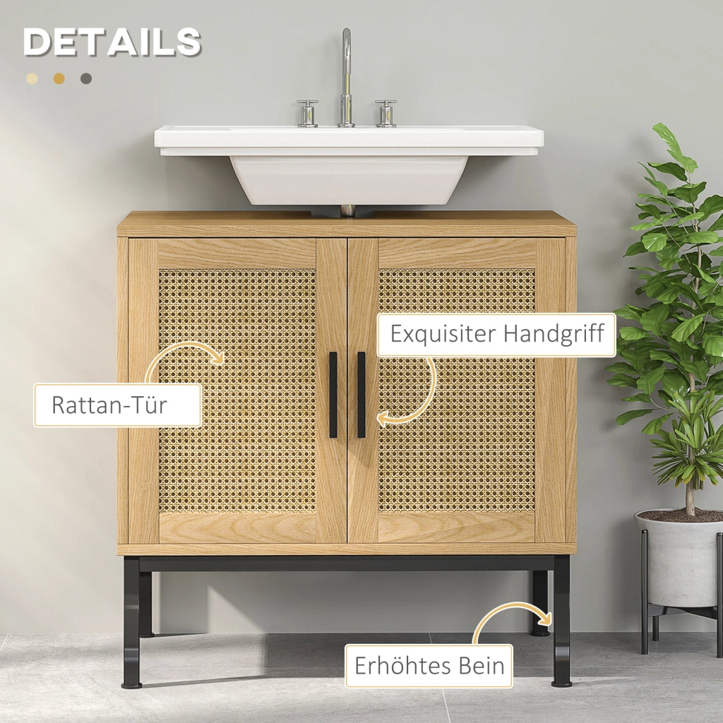 Mobiletto da bagno in stile boho con elementi in rattan ¨C zephmum ¨C bianco 60x30x50