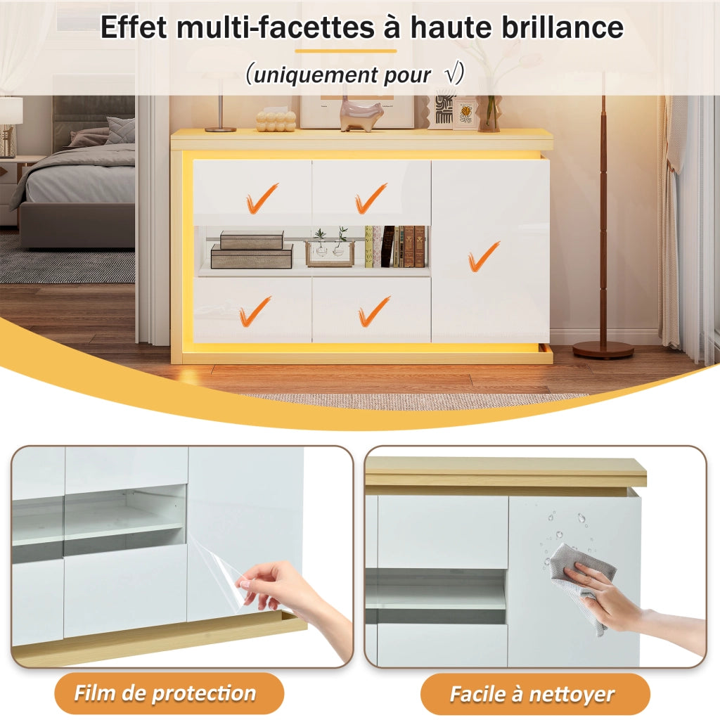 Credenza con 3 ante e ripiani regolabili; illuminazione LED per soggiorno ingresso e ufficio 140 x 40 x 84 cm bianco
