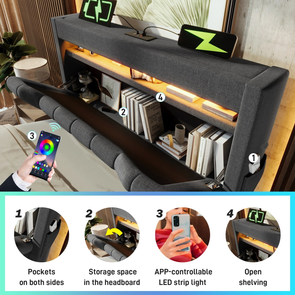 Letto Contenitore 90 x 200 cm - Testiera con USB; USB-C e LED - in Lino - Grigio