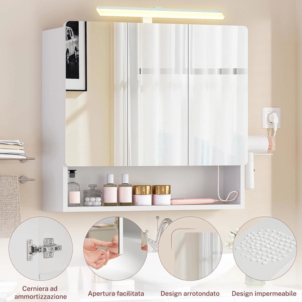Specchio Bagno Contenitore con Luce LED e Presa Elettrica, Mobile Bagno a Specchio a 3 Ante con Gancio Asciugacapelli, 3 temperature di colore dimmerabili, Ripiani Regolabili, Bianc