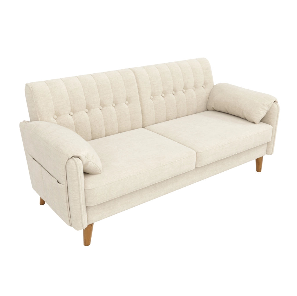 Divano a 2 posti in ciniglia beige con cuscini bracciolo; tasche laterali e gambe in legno; 161;5 cm