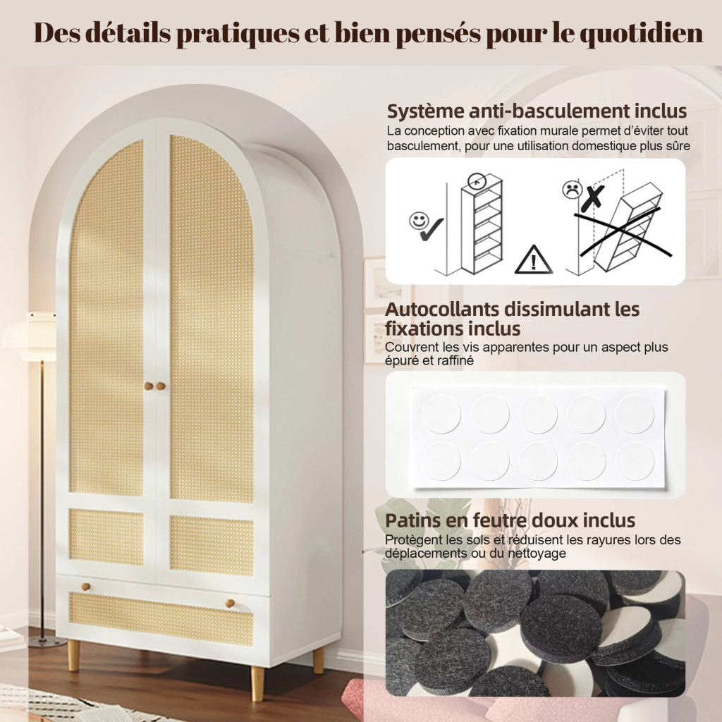 Armadio con asta e cassetto; design ad arco in rattan; per camera e ingresso; in MDF bianco; 80 × 50 × 180 cm