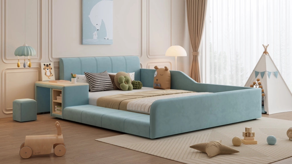DESMIU Letto singolo 1 posto con scrivania, sgabello, ripiani e sponde alte 140 × 200 cm, senza materasso