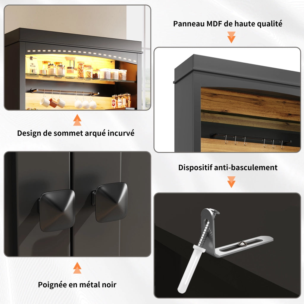 Credenza da Cucina Alta con 2 Ante; Ripiano Aperto; LED USB e 6 Ganci; per Cucina o Soggiorno; in MDF e Metallo; 107x43x184 cm; Nero