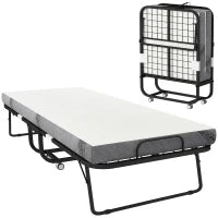 Letto Pieghevole Singolo 90x200 cm con Materasso Spesso 10 cm, Rete in Metallo e Ruote con Freno, Nero