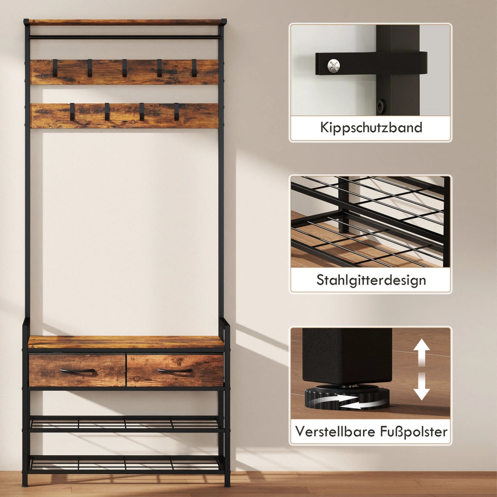 Appendiabiti con panca e ganci, organizzatore per ingresso ¨C zephmum ¨C telaio in acciaio, marrone rustico