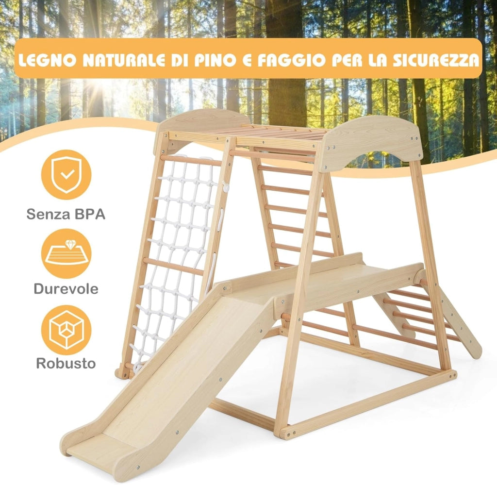 6 in 1 Set Arrampicata per Bambini, Palestra in Legno con Barre di Scimmia Scivolo Corda e Scale in Legno, Parco Giochi per Bambini 1+ Anni (Naturale)