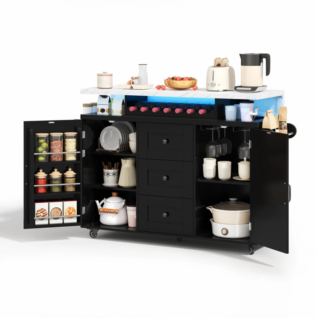 Isola cucina con piano ribaltabile 138x60x93 cm in MDF nero; LED RGB; 2 porte e 3 cassetti