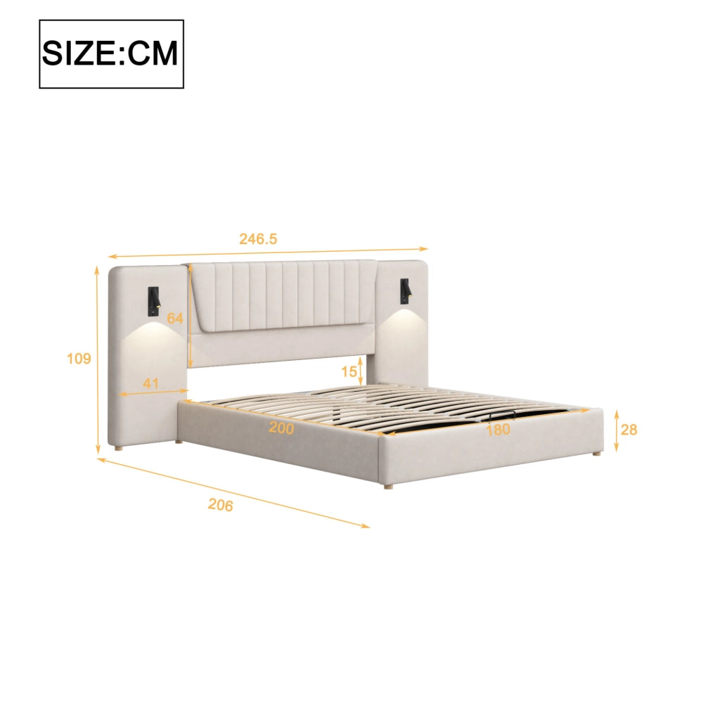Letto imbottito 180x200 cm con testiera lunga; luci da lettura USB e contenitore idraulico; beige