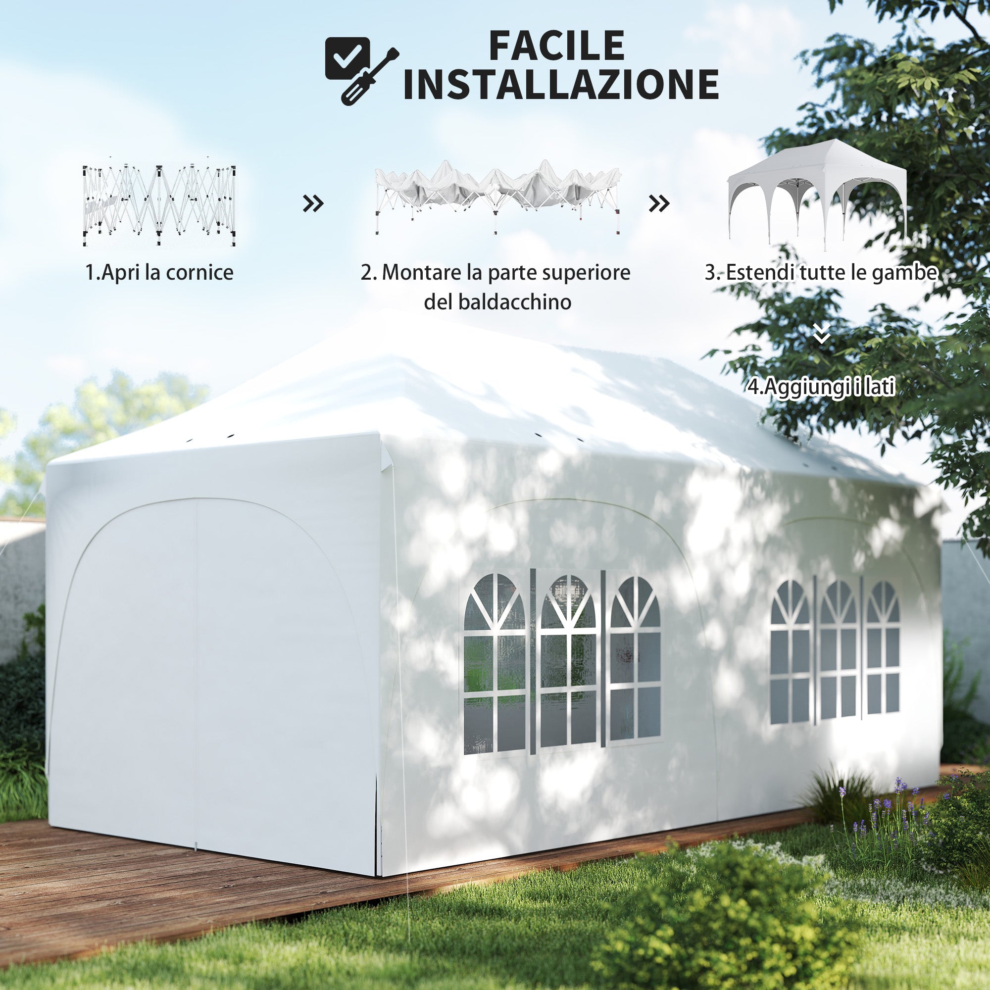 Gazebo da Giardino Pieghevole 3x6 m con Pareti Rimovibili e Borsa di Trasporto Bianco