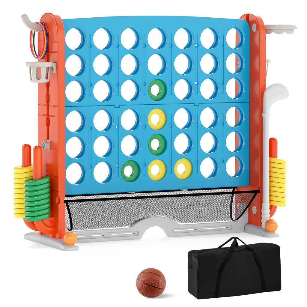 Set di gioco 4 in fila jumbo con lancio anelli e canestro basket, Gioco regolabile in altezza con golf porta bicchieri e borsa trasporto per feste Blu