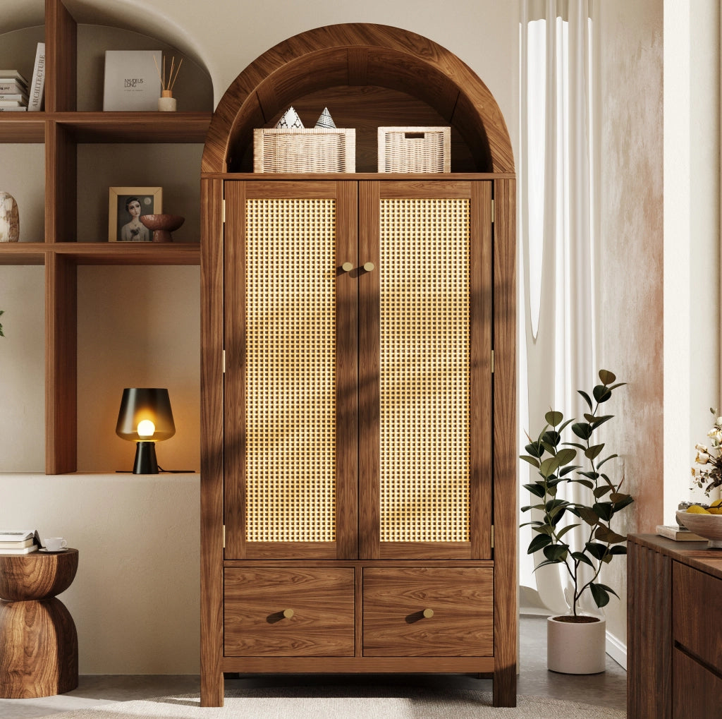 Armadio guardaroba 181x78x45 cm in MDF e metallo; effetto noce con ante in rattan
