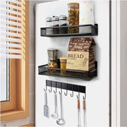 Kruidenrek organizzatore per frigorifero, organizzatore per cucina, parete per cucina adesiva senza perforazione, 2 pezzi di magneti per frigorifero, pannello appeso con 8 ganci, nero.