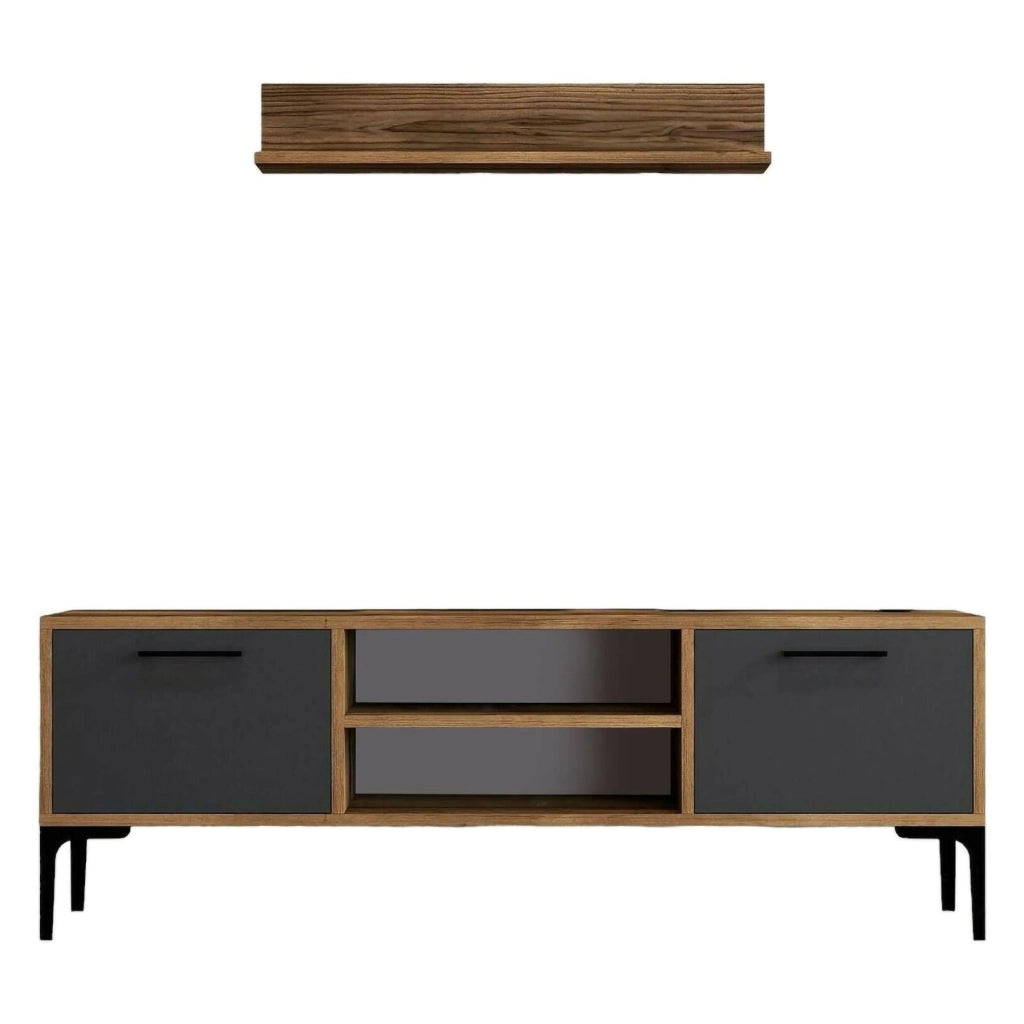 Mobile porta TV sri, Credenza da soggiorno, Armadio basso per TV, Base parete attrezzata, 140x30h48 cm, Noce e Antracite