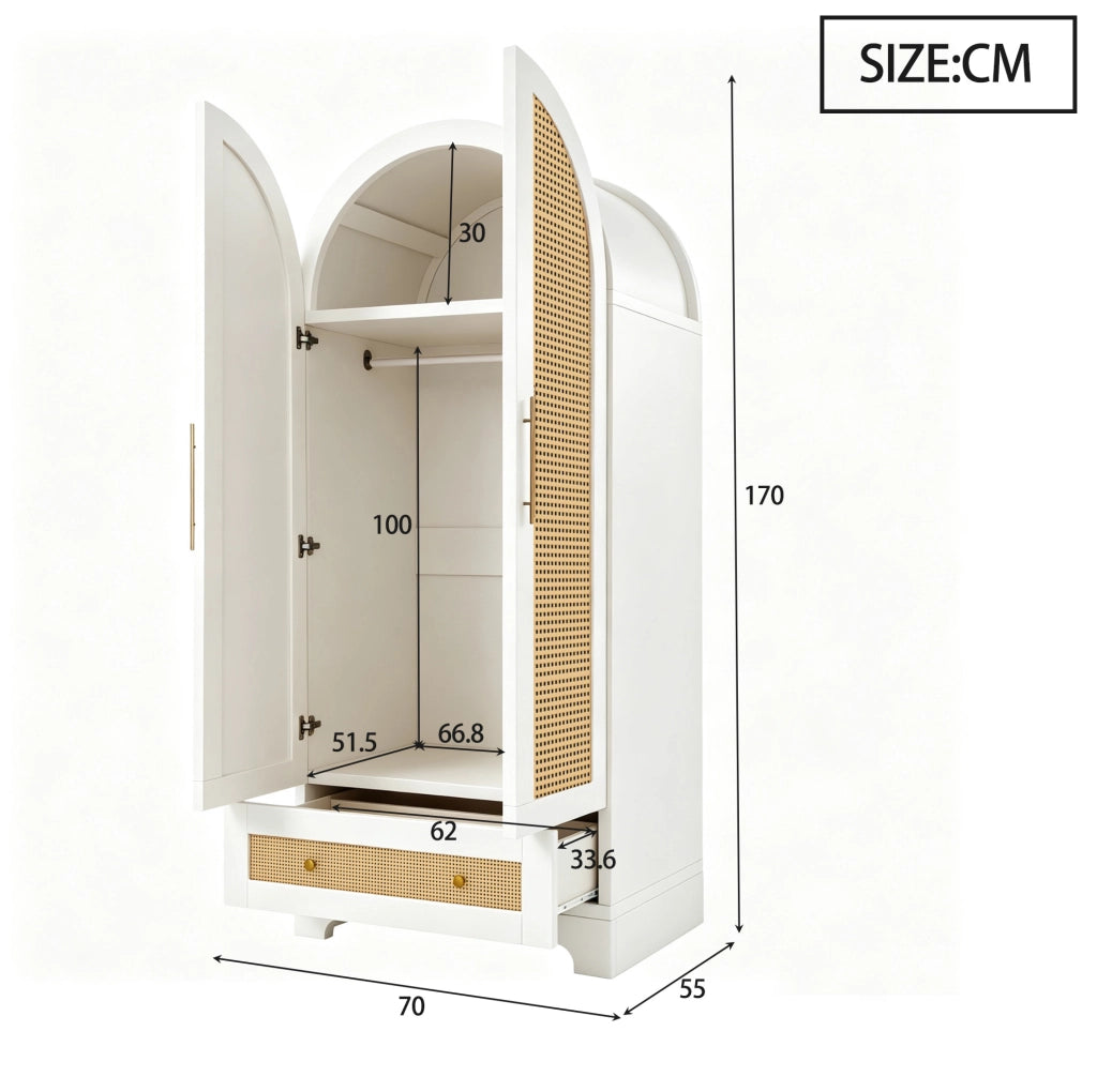 Armadio a 2 ante con 2 cassetti e vano capiente 70 x 55 x 170 cm; effetto rattan; bianco