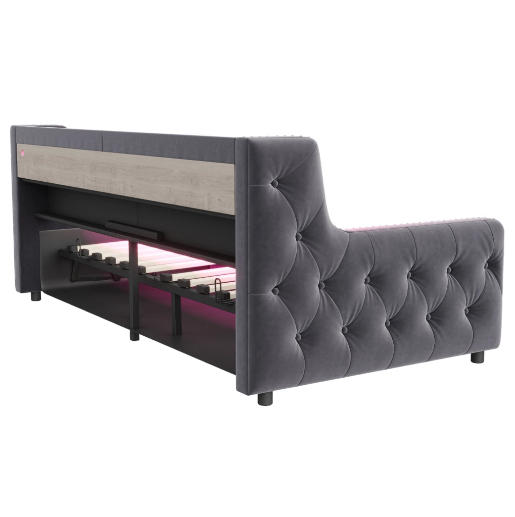 Divano letto imbottito 90x200 cm con contenitore, LED, prese USB/Type-C